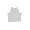 The white "[RHXSM]" crop top, laid flat (back view), detailing the clean racerback cut on this piece of high-performance calisthenics apparel.
