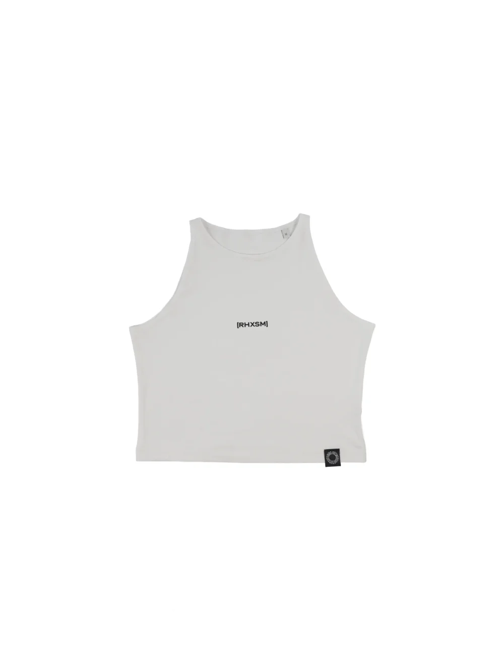 The women's RHSM "[RHXSM]" Skin Tight Crop Top in white, laid flat (front view), showcasing the minimalist design of this fitness apparel.
