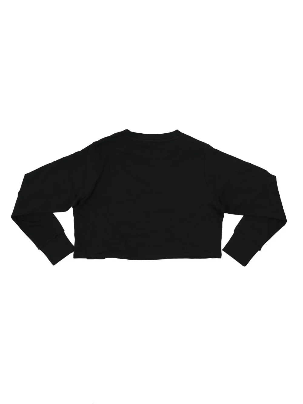 The black "[RHXSM]" cropped crew, laid flat (back view), highlighting the clean back and wide cuffed design; essential calisthenics apparel for women.