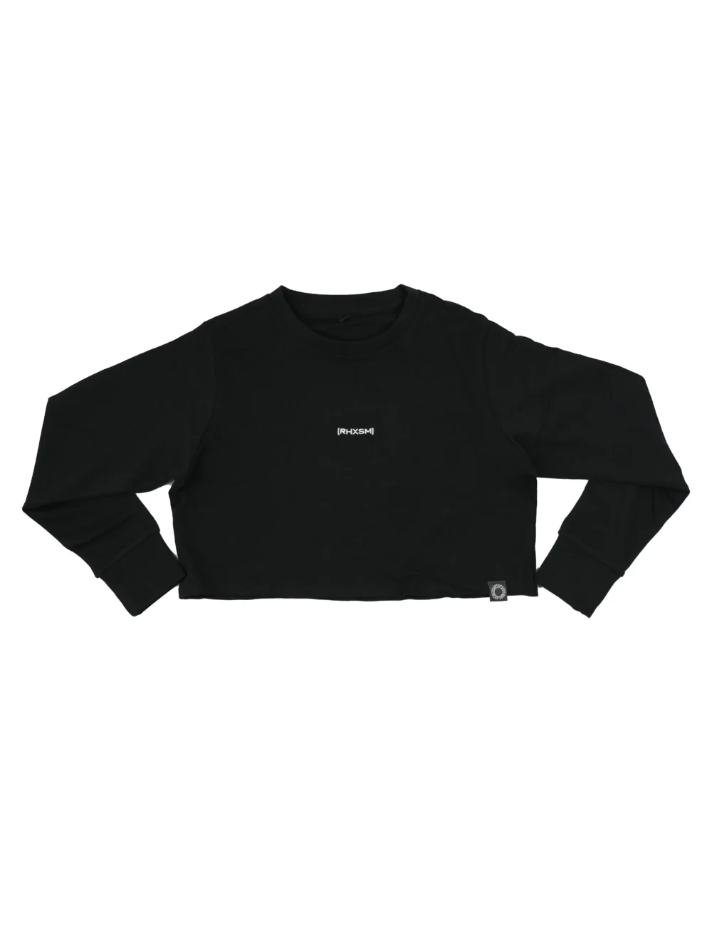 The women's RHSM "[RHXSM]" Terry Cropped Crew in black, laid flat (front view), showing the premium embroidered logo and soft loose terry fabric of this fitness apparel.