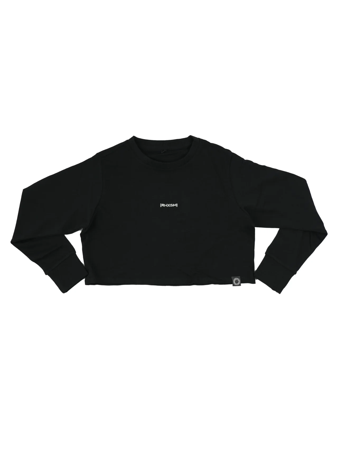 The women's RHSM "[RHXSM]" Terry Cropped Crew in black, laid flat (front view), showing the premium embroidered logo and soft loose terry fabric of this fitness apparel.