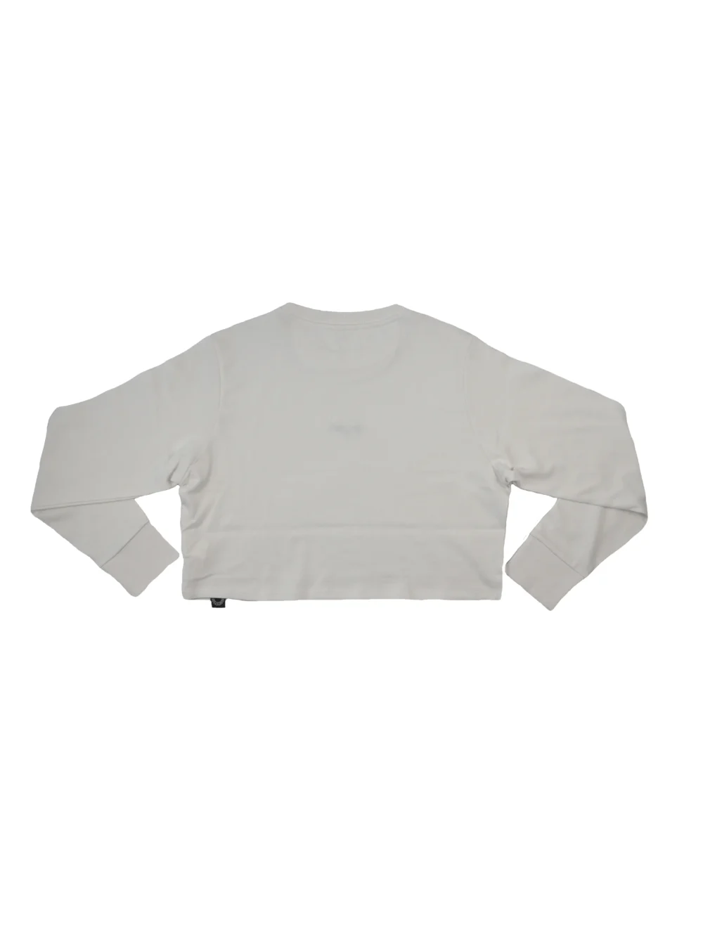 The white "[RHXSM]" cropped crew, laid flat (back view), detailing the clean design on this piece of high-performance calisthenics apparel.