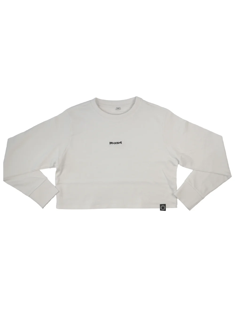 The women's RHSM "[RHXSM]" Terry Cropped Crew in white, laid flat (front view), showcasing the minimalist embroidered design of this fitness apparel.