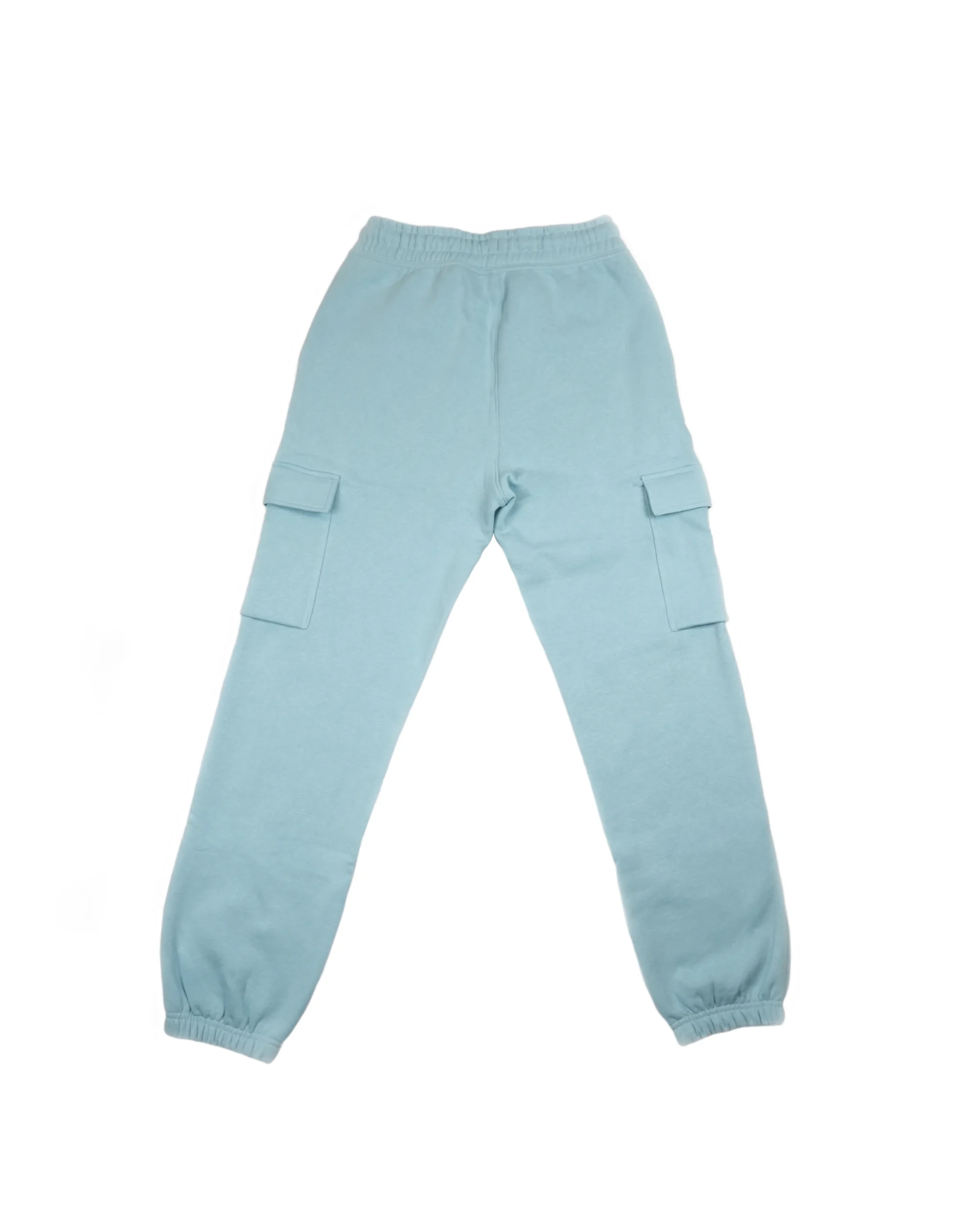 Back view of Baby Blue RHSM lightweight cargo sweatpants laid flat, emphasizing the clean lines and premium finish of RHSM products.