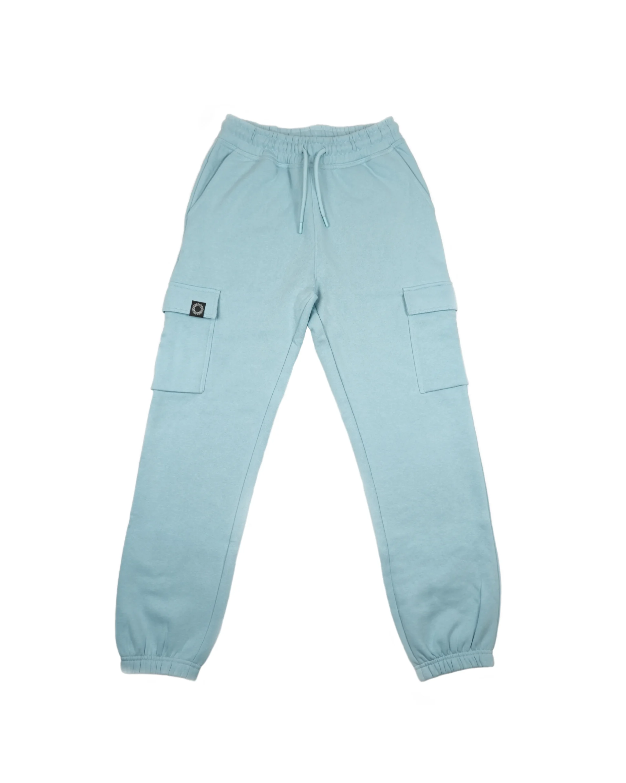 Baby Blue RHSM lightweight cargo sweatpants laid flat, a fresh colorway for modern workout gear and calisthenics athletes.