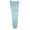 Side view of Baby Blue RHSM cargo sweats laid flat, showcasing the utility pocket placement and lightweight fabric texture.