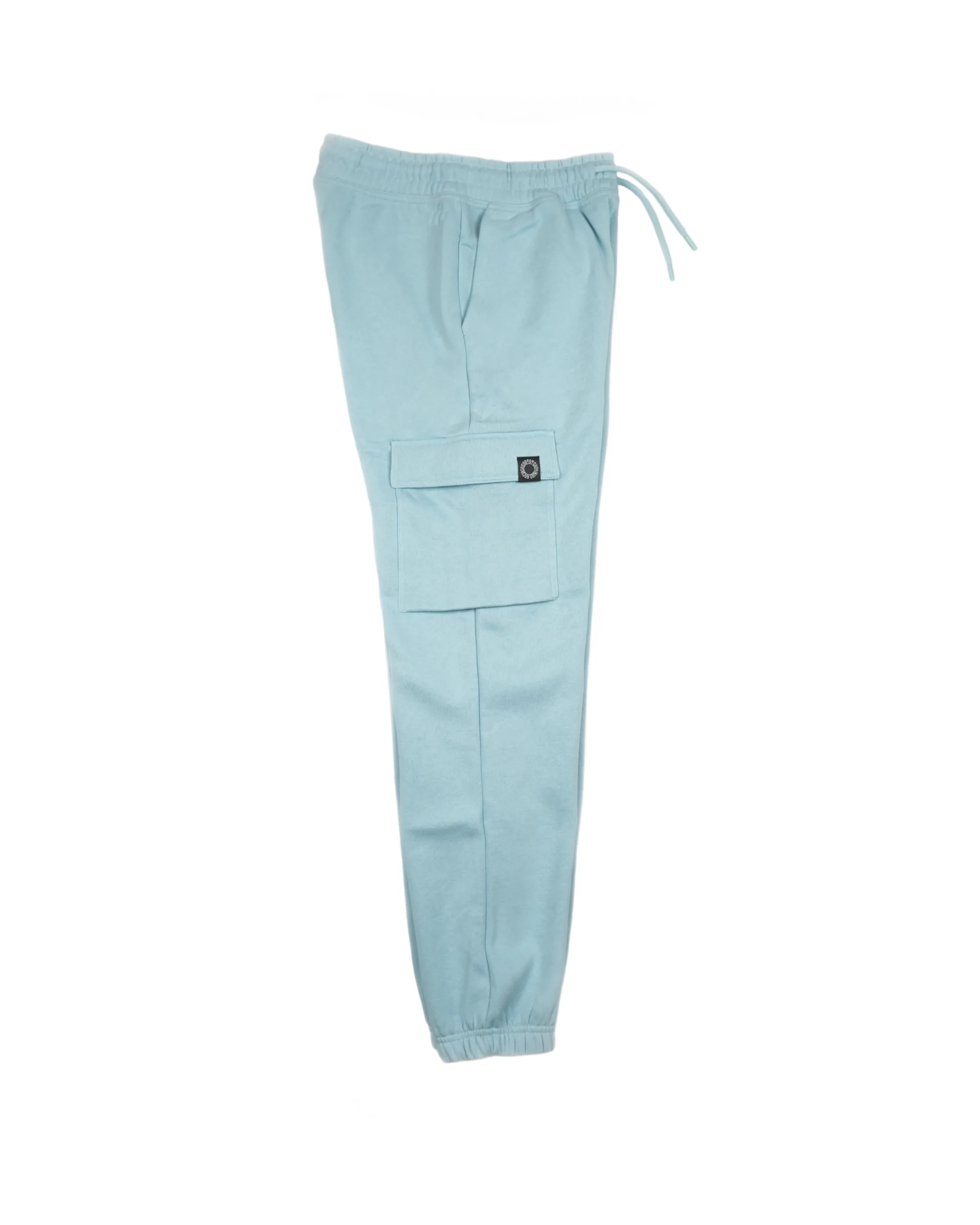 Side view of Baby Blue RHSM cargo sweats laid flat, showcasing the utility pocket placement and lightweight fabric texture.