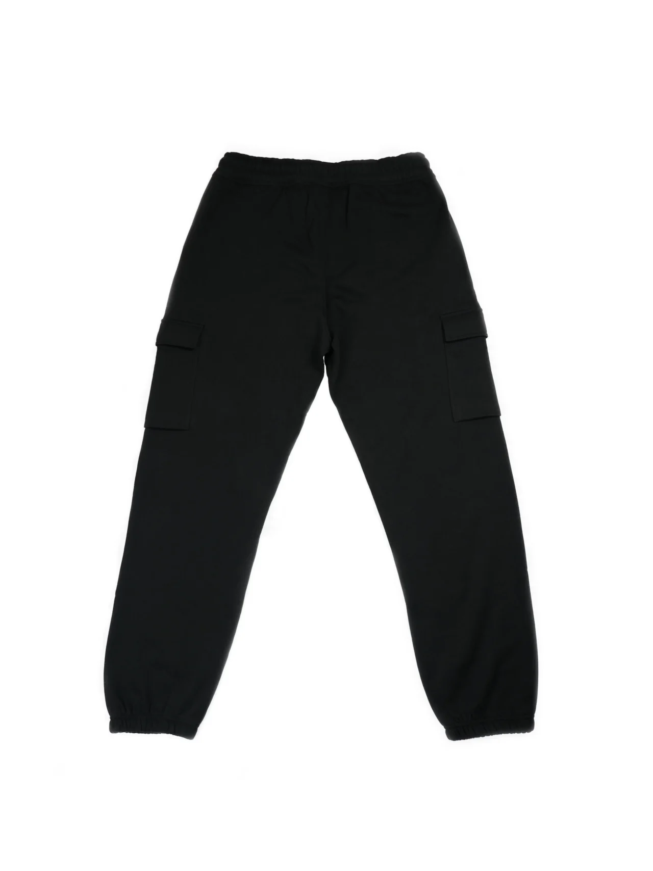 Back view of black RHSM lightweight cargo sweatpants laid flat, displaying ribbed cuffs and smooth fabric texture for fitness apparel.