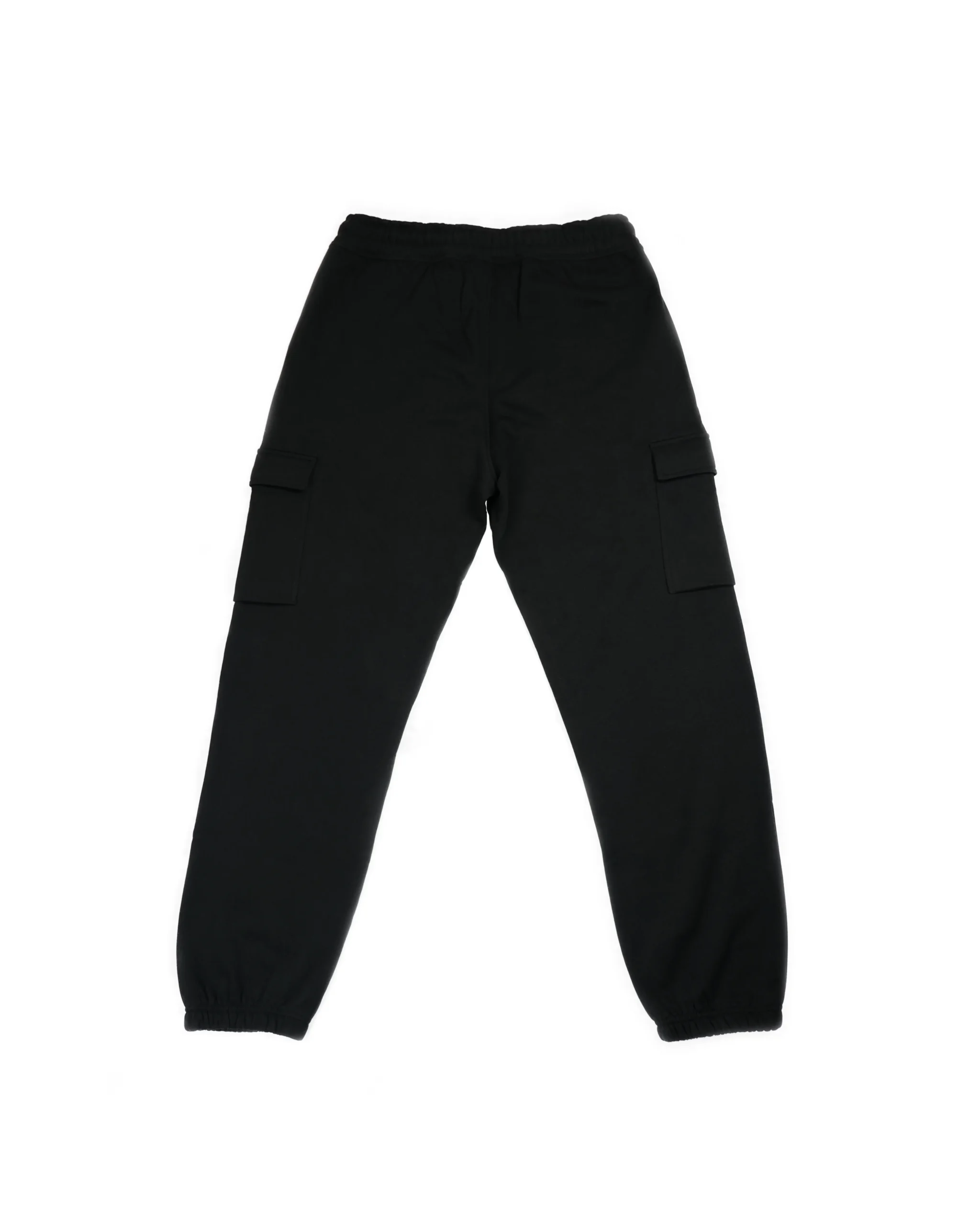 Back view of black RHSM lightweight cargo sweatpants laid flat, displaying ribbed cuffs and smooth fabric texture for fitness apparel.