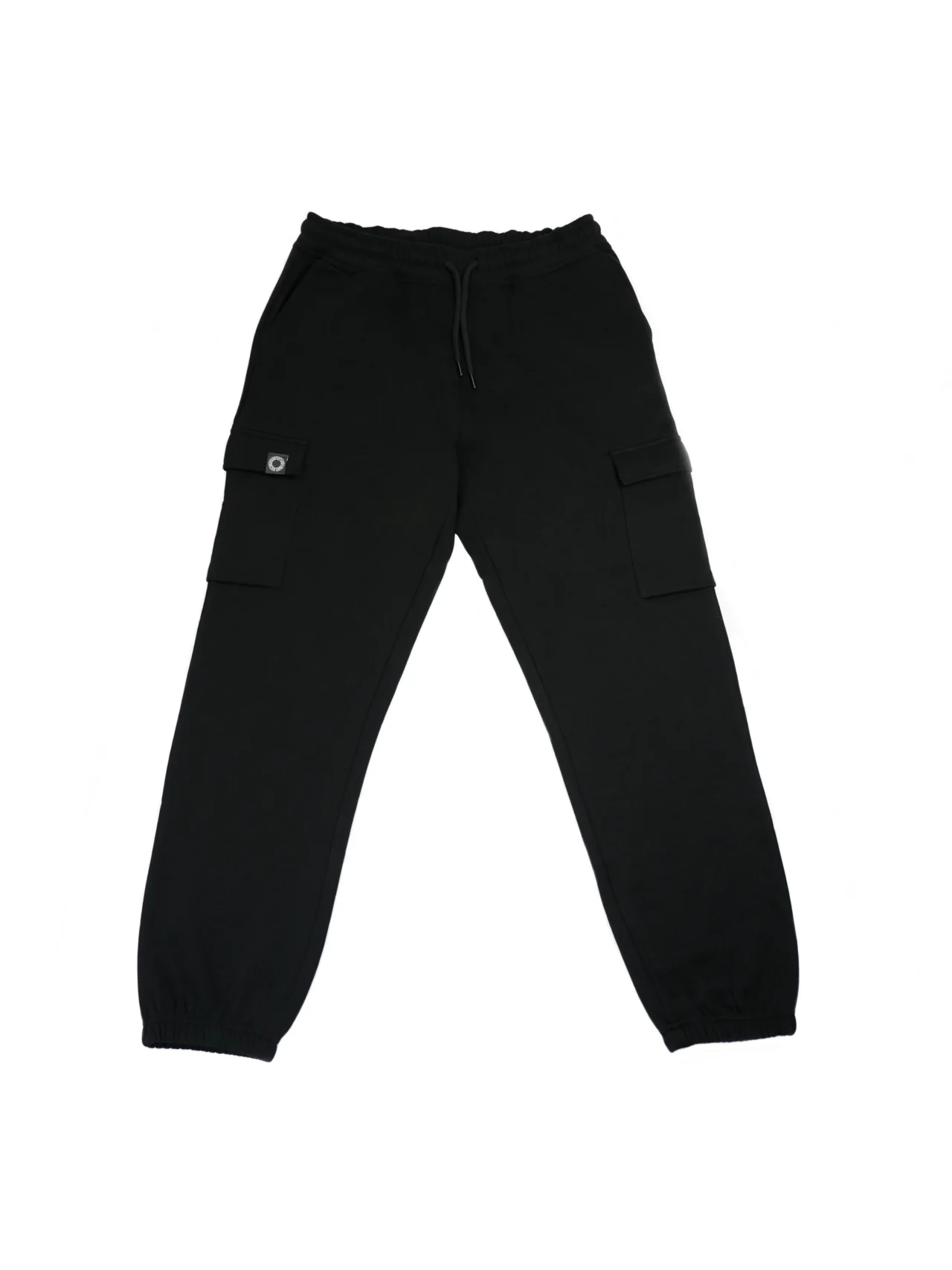 Black RHSM lightweight cargo sweatpants laid flat, showing elastic waistband and side cargo pockets, representing premium calisthenics apparel.