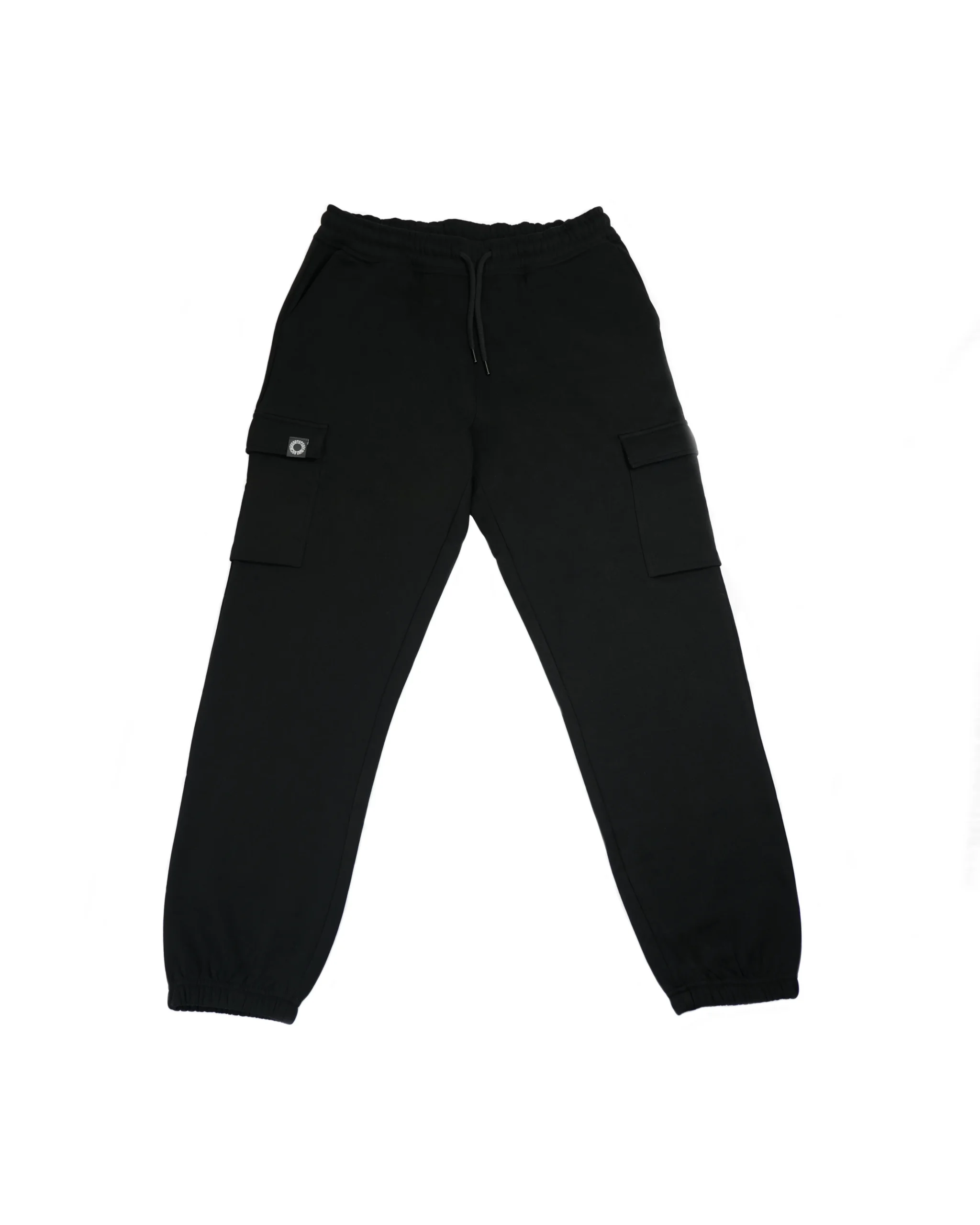 Black RHSM lightweight cargo sweatpants laid flat, showing elastic waistband and side cargo pockets, representing premium calisthenics apparel.