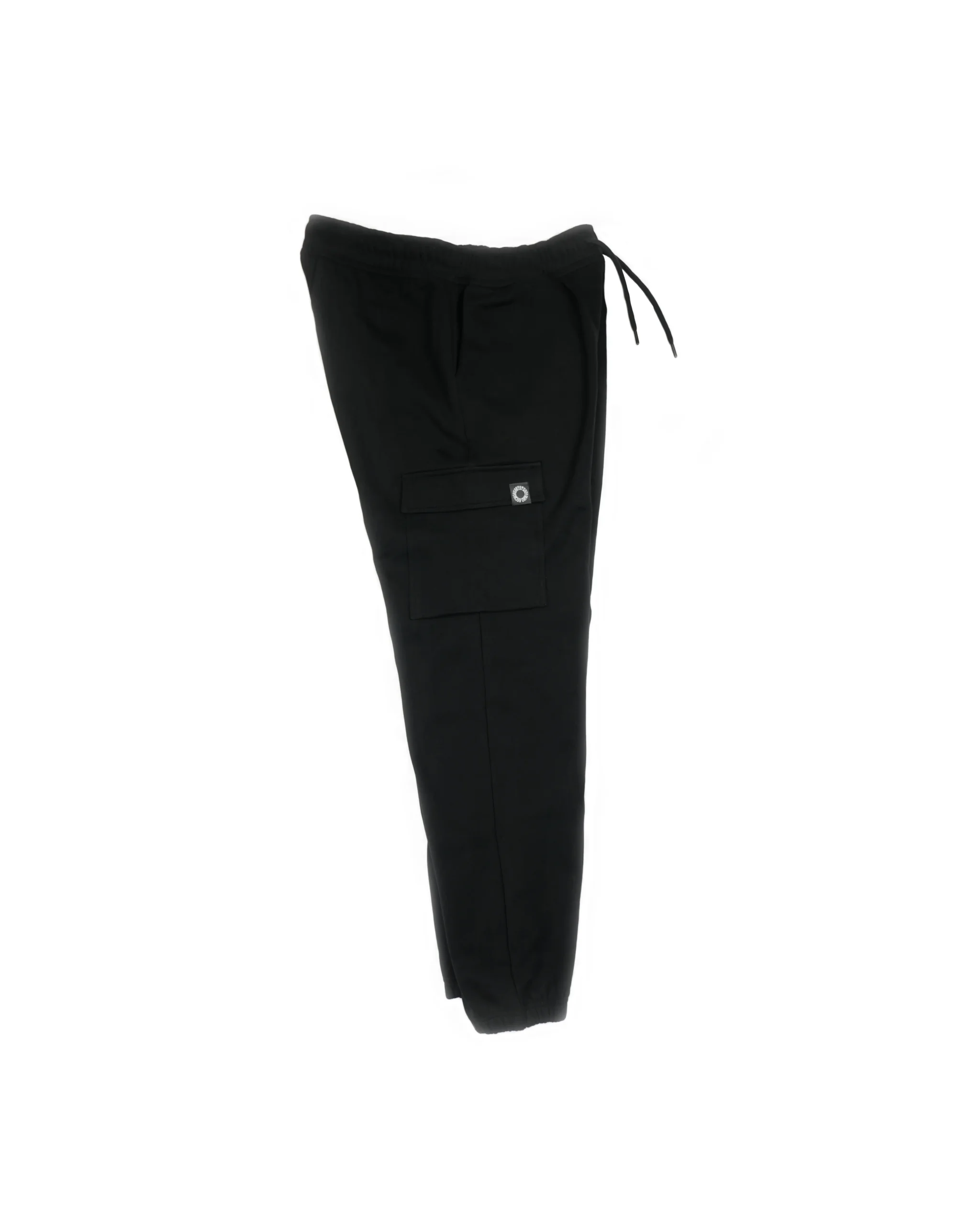 Side profile of black RHSM cargo sweatpants laid flat, highlighting the depth of the cargo pocket and the tapered leg silhouette of this workout gear.