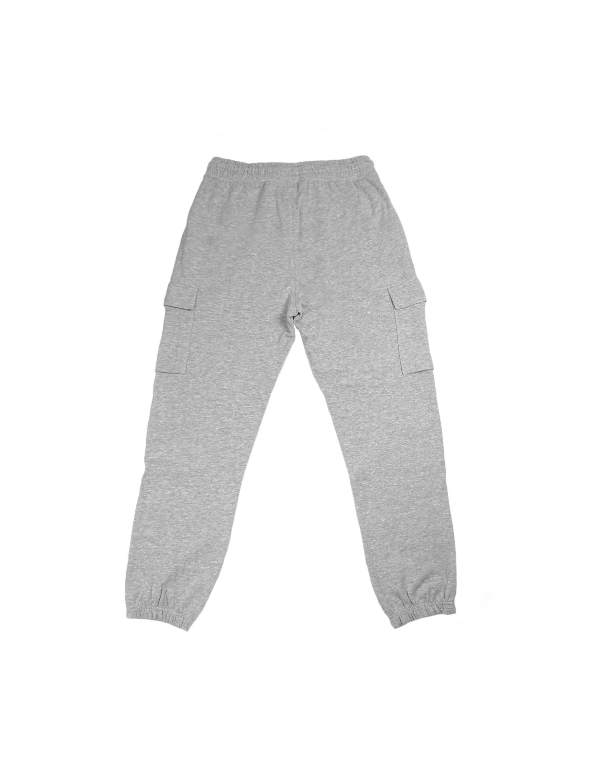 Back view of gray RHSM lightweight cargo sweatpants laid flat, showing the durable stitching and comfortable elastic cuff for fitness apparel.