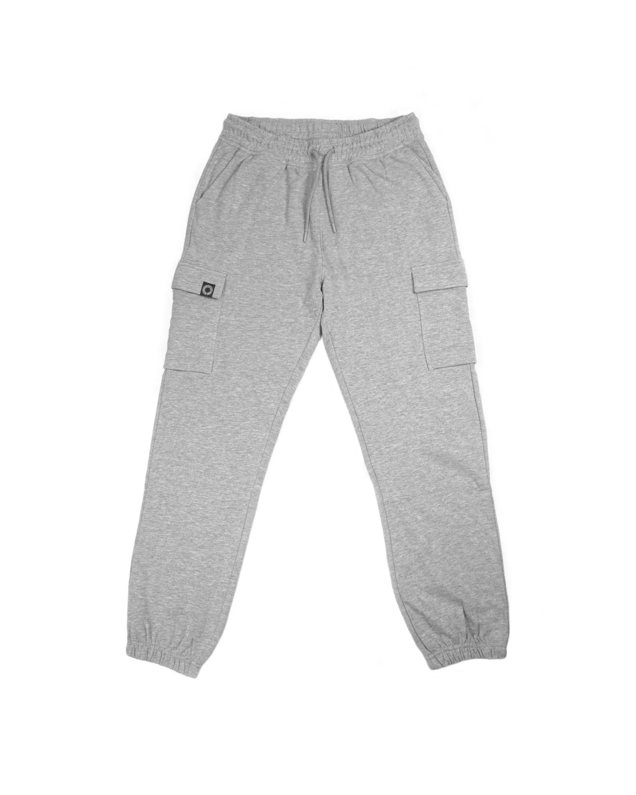 Gray RHSM lightweight cargo sweatpants laid flat, featuring a breathable construction essential for a top calisthenics clothing brand.