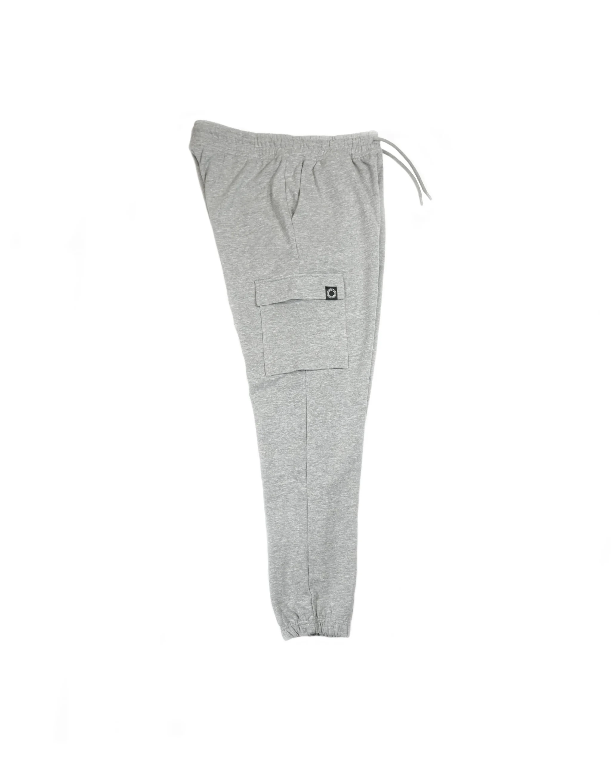 Side profile view of gray RHSM cargo sweats laid flat, detailing the signature branding patch on the cargo pocket.