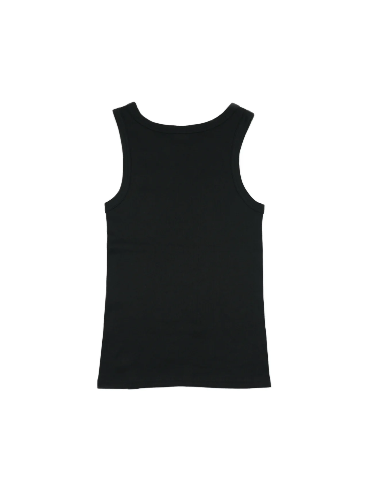 Back view of black cotton ribbed tank top laid flat, premium calisthenics clothing brand essential.