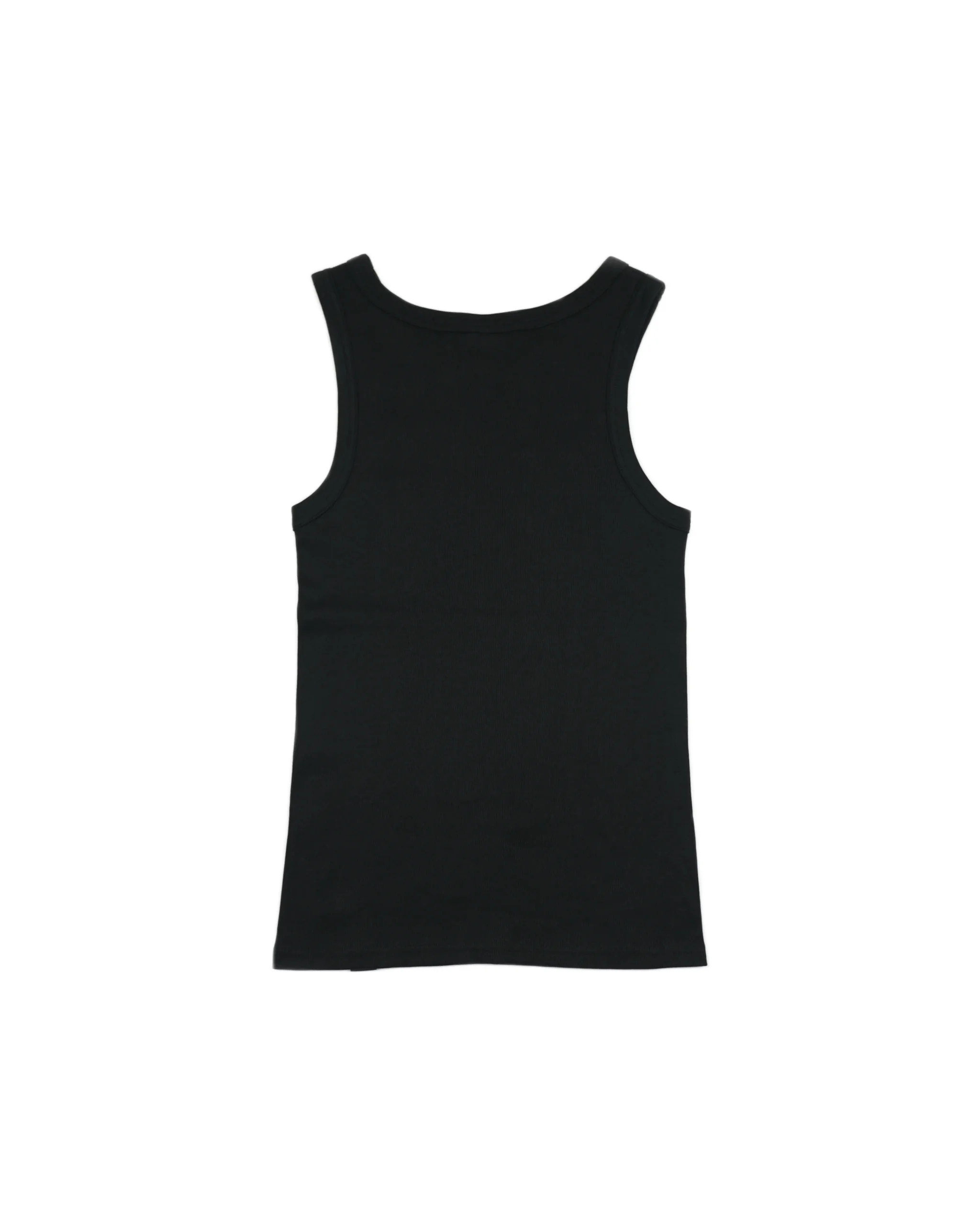 Back view of black cotton ribbed tank top laid flat, premium calisthenics clothing brand essential.