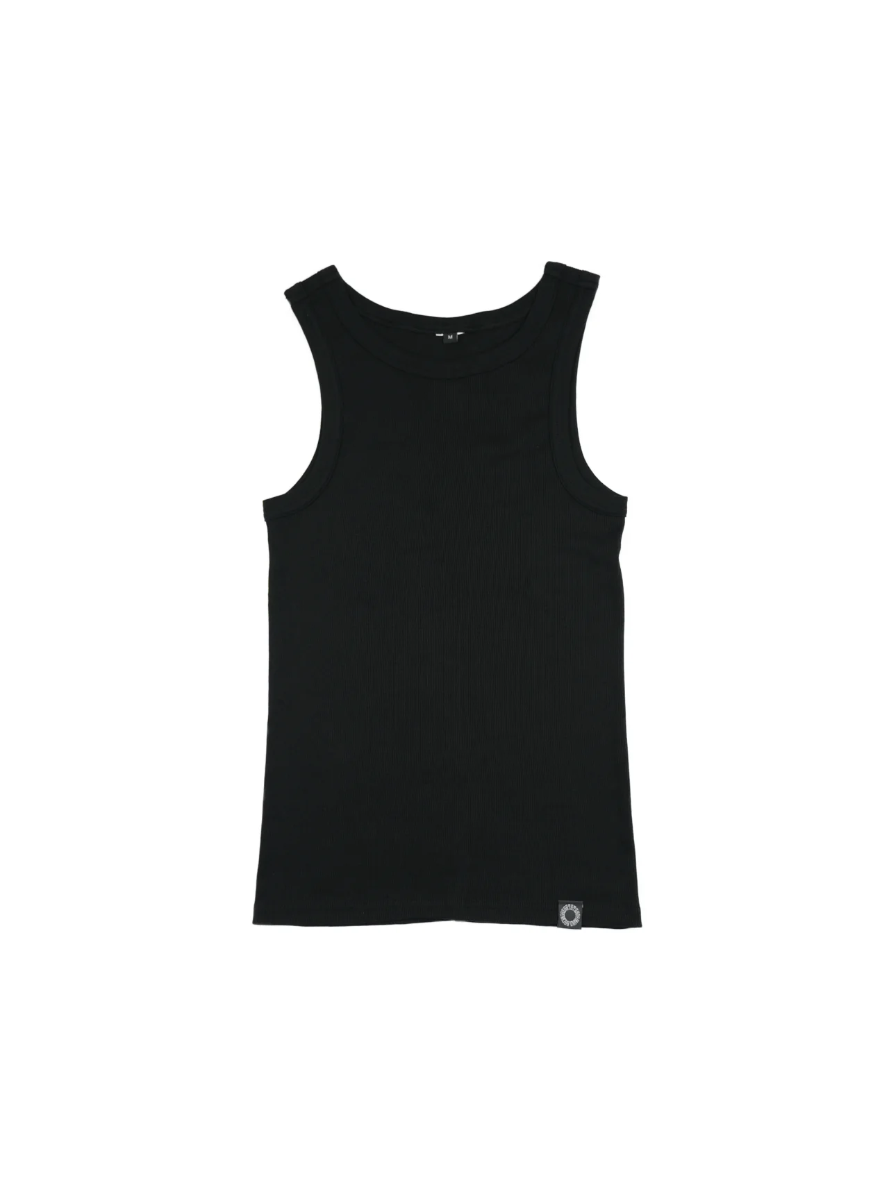 Black RHSM minimalist ribbed tank top laid flat, essential heavyweight workout gear staple.