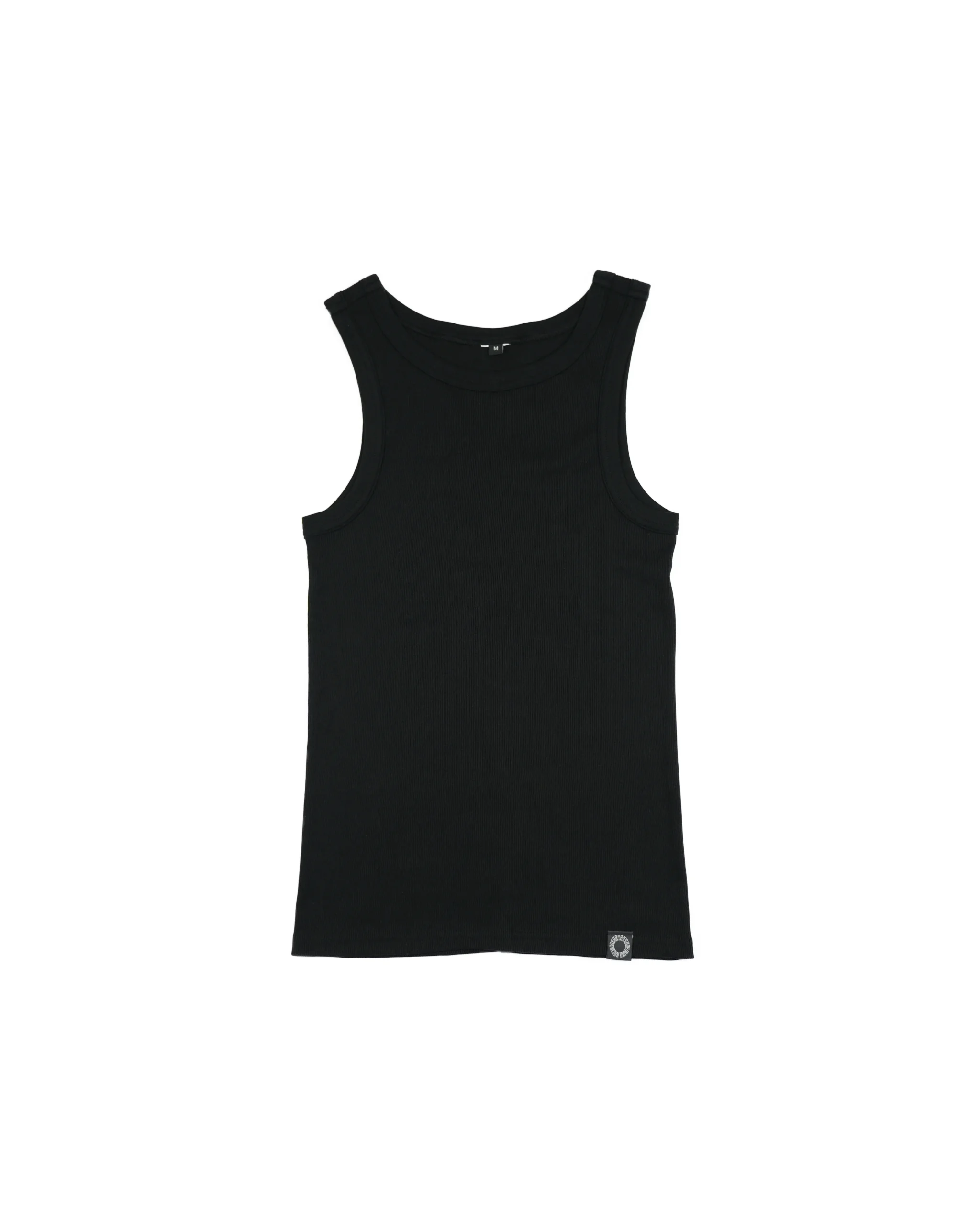 Black RHSM minimalist ribbed tank top laid flat, essential heavyweight workout gear staple.