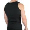 Model rear view in black RHSM ribbed tank, demonstrating the contour fit and substantial fabric weight.