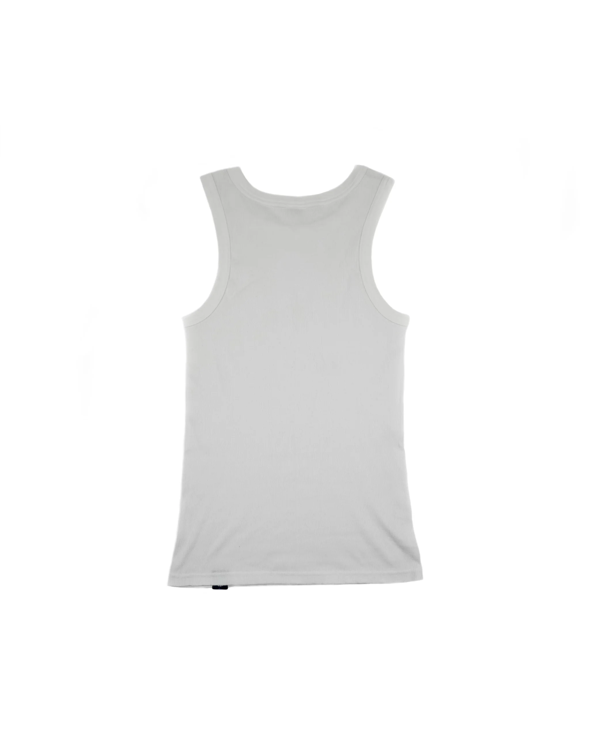 Back view of white RHSM minimalist ribbed tank laid flat, essential fitness apparel base layer with a clean design.