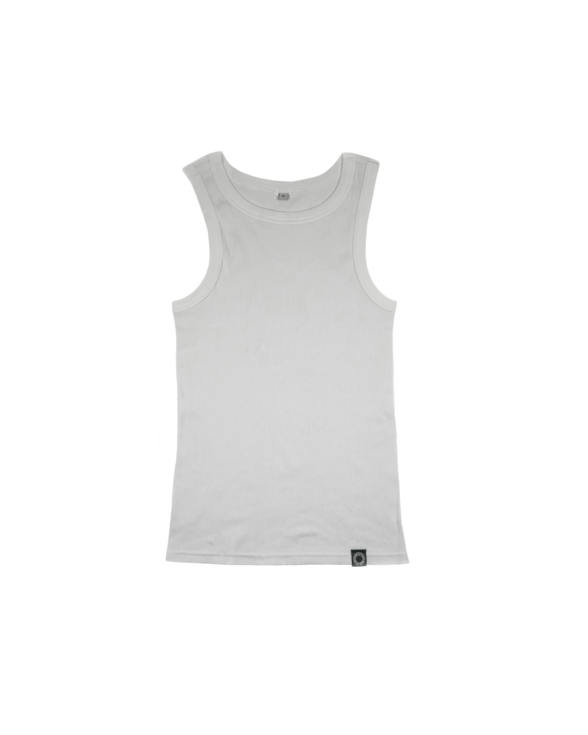 White heavyweight minimalist ribbed tank top laid flat, showing premium cotton texture for calisthenics apparel.