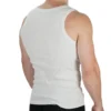 Rear view of model wearing white RHSM ribbed tank, highlighting shoulder exposure and heavy cotton drape for calisthenics movement.