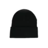 Back view of black [RHXSM] cuffed beanie laid flat, showing the smooth acrylic knit texture of this fitness accessory.