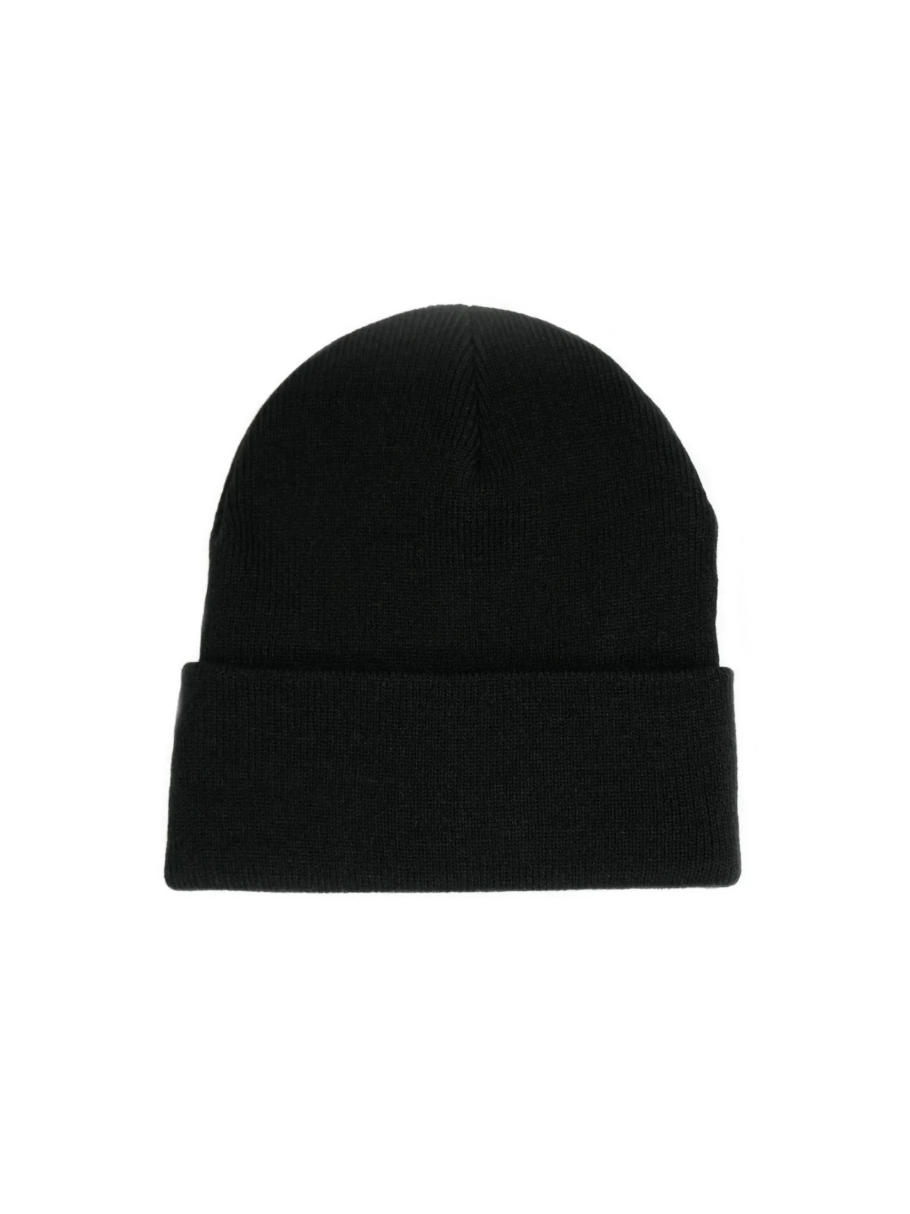Back view of black [RHXSM] cuffed beanie laid flat, showing the smooth acrylic knit texture of this fitness accessory.