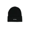 Black [RHXSM] Beanie laid flat, showing the white bracketed embroidery on the center cuff, essential winter calisthenics apparel.