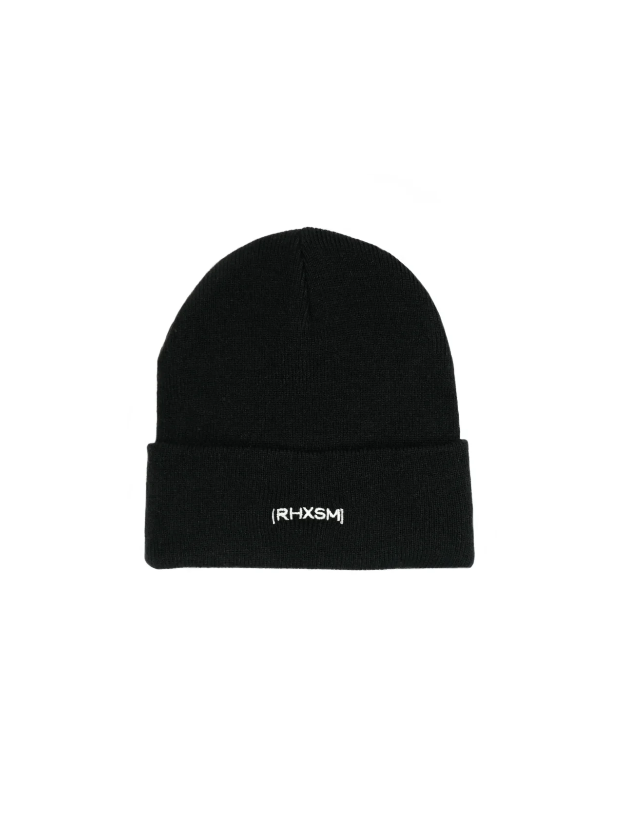 Black [RHXSM] Beanie laid flat, showing the white bracketed embroidery on the center cuff, essential winter calisthenics apparel.