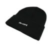 Side profile view of black [RHXSM] beanie, highlighting the thickness of the fold-over cuff and knit construction suitable for workout gear.