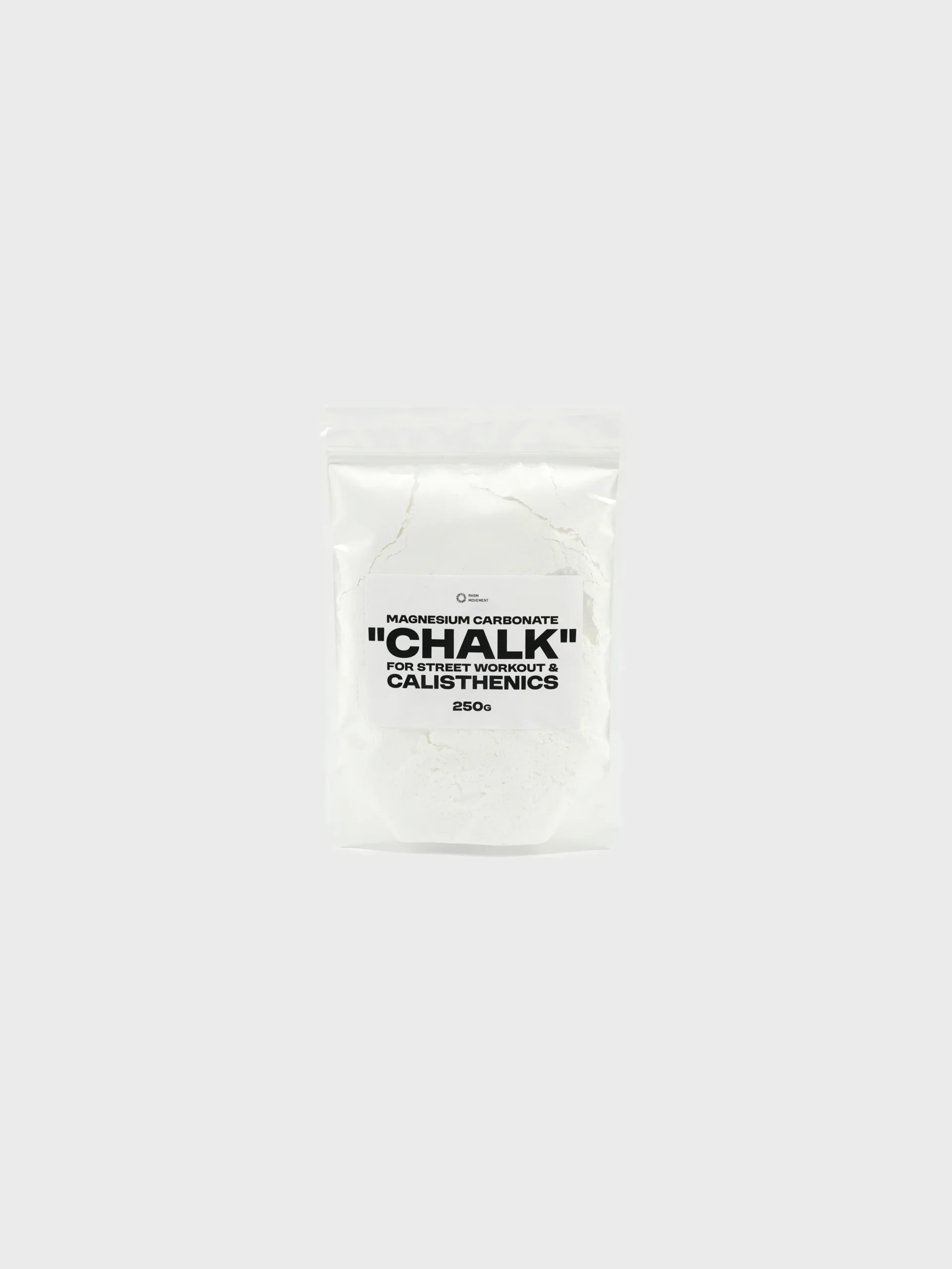 Front view of RHSM Magnesium Carbonate "Chalk" 250g bag, essential workout gear for calisthenics clothing brand athletes.