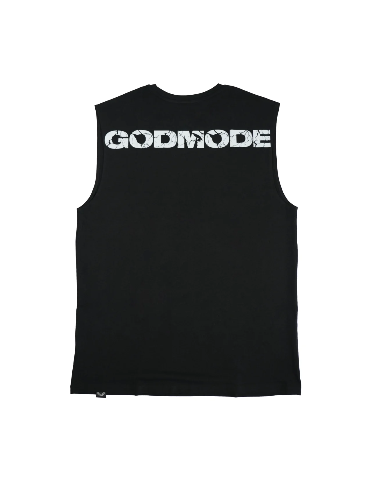 Back view showing the iconic Godmode graphic on the black RHSM fitness apparel tank.